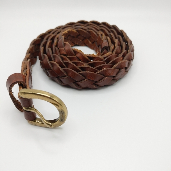 Braided Brown Leather Belt with Gold Buckle Sz S/M Skinny Adjustable - Picture 1 of 11